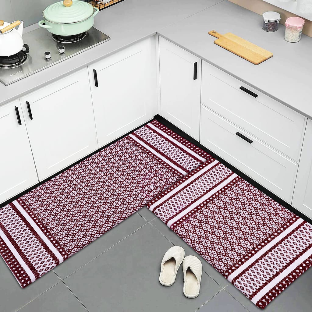 Anti-Fatigue Standing Cushioned Kitchen Bath Mats [Set of 2] Woven Cotton | Waterproof | Non-Slip | for Office, Sink, Laundry