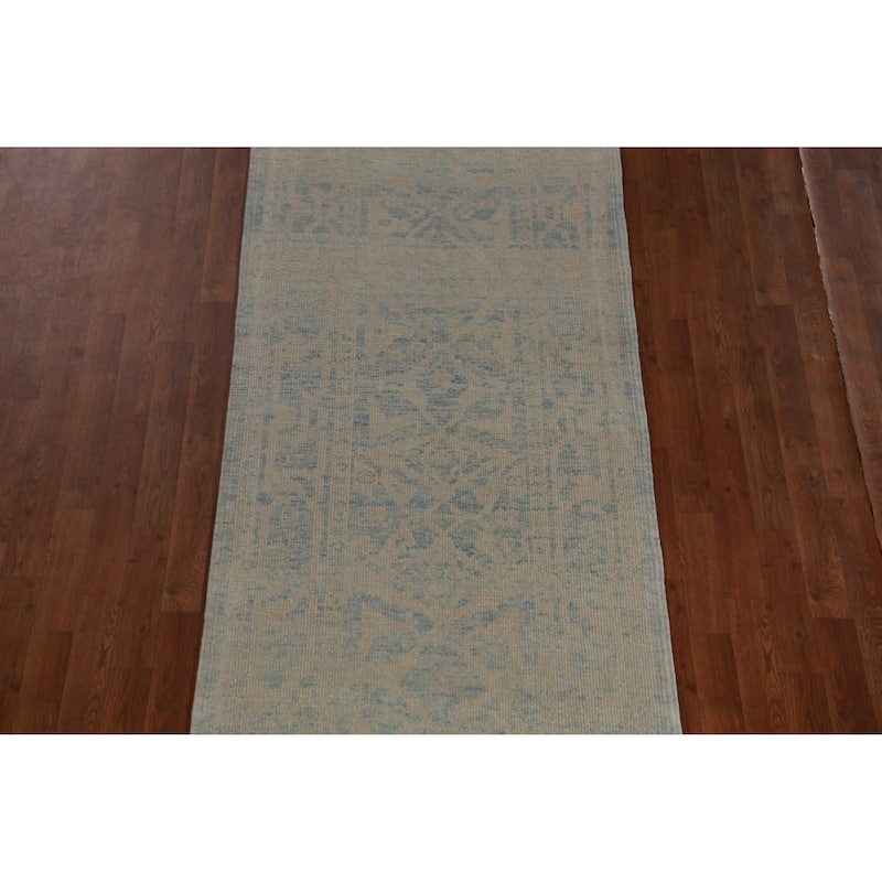 Hand Knotted Oriental 100% Wool Carpet Transitional Geometric Navy Blue & Blues Oushak Runner Rug - 16' 8'' X 3' 2''