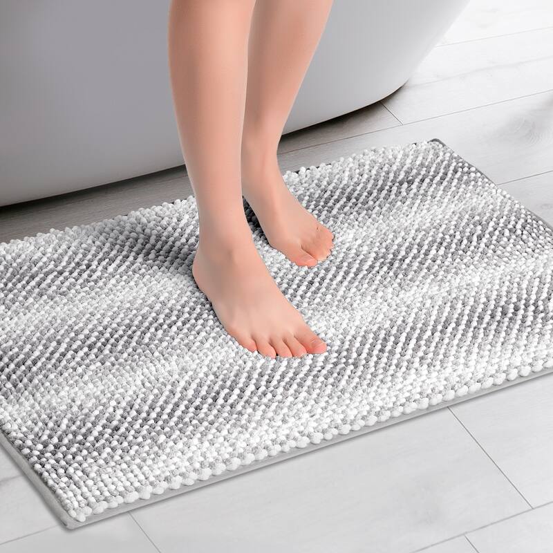 Chenille Bathroom Rug, Soft and Absorbent Bath Mat Non-Slip Striped Rug Luxury Plush Shaggy Bath Mat - Light Grey - 20" x 32"