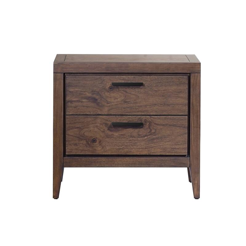 Enzo 28 Inch 2 Drawer Nightstand, Brown Wood, USB Charging, Black Handles