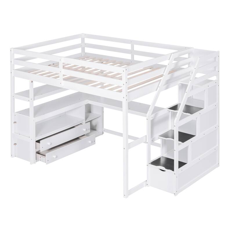 Full Size Loft Bed with Desk, Shelves, Drawers, and Storage Staircase in White