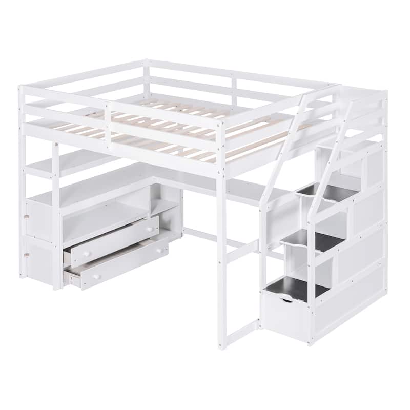 Full Size Loft Bed with Desk and Shelves, Two Built-in Drawers, Storage Staircase, Gray