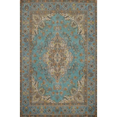 Hand Knotted Oriental 100% Wool Carpet Traditional Floral Navy Blue & Blues Tabriz Area Rug - 11' 0'' X 8' 5''