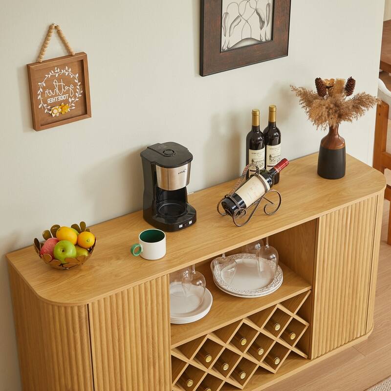 Modern 58" Fluted Curved Sideboard Multifunctional Storage Cabinet with Wine Rack and Adjustable Shelves