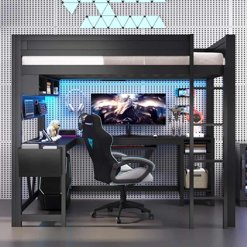 Wood Full Size Gaming Loft Bed with Desk, Storage Shelves, LED and Charging Station