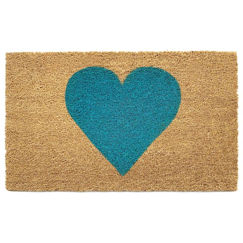 HomeRoots 17" X 29" Brown And Turquoise Heart Outdoor Coir Door Mat - 17.00' X '29.00