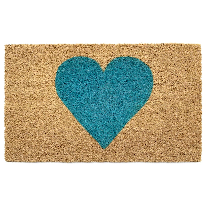 HomeRoots 36" X 72" Brown And Turquoise Heart Outdoor Coir Door Mat - 36.00' X '72.00