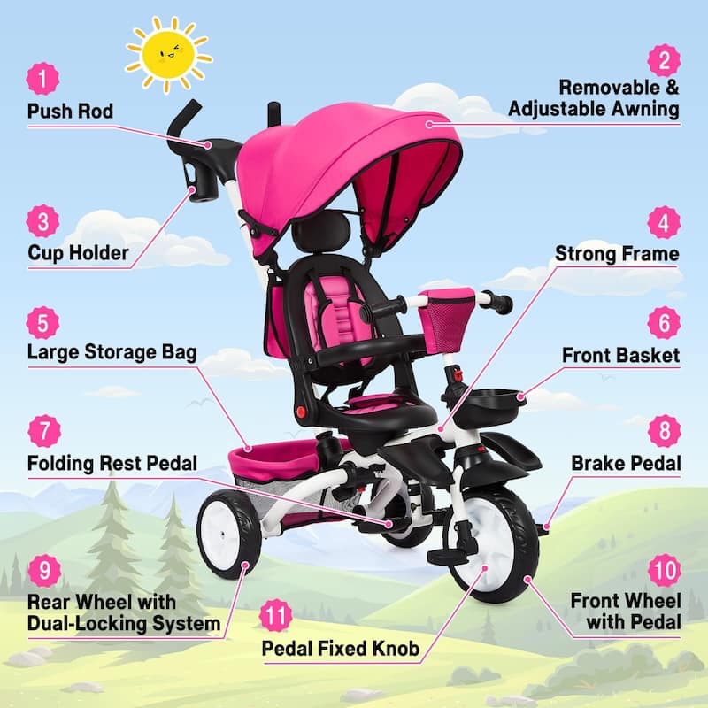 Baby Tricycle, 7 in 1 Folding Toddler Bike w/Removable Adjustable Push Handle