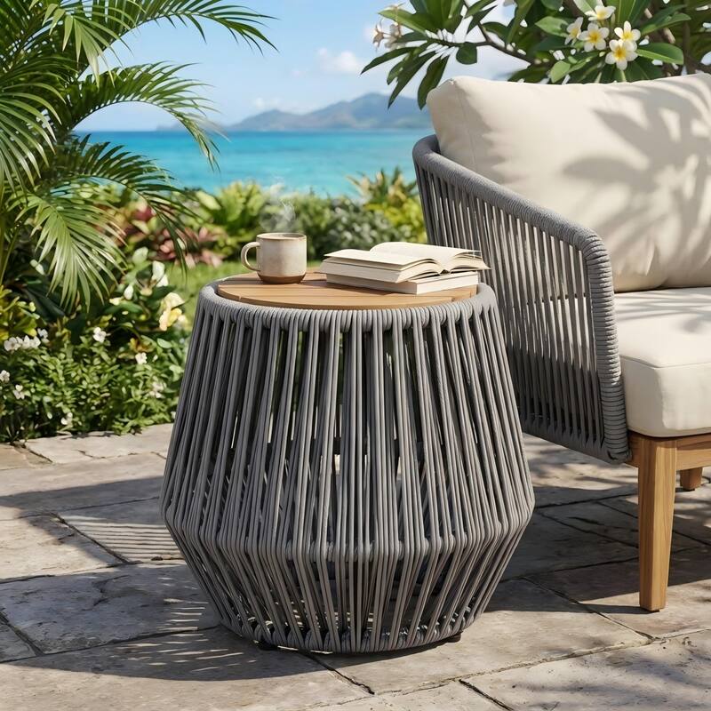 Christopher Knight Home Marcellin Acacia Wood Side Table with Rope Woven Base - Grey+Teak