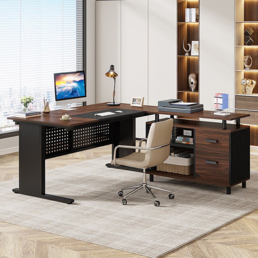 63 Inch Executive Desk with File Cabinet, L Shaped Desk with Drawers and Shelves for Home Office