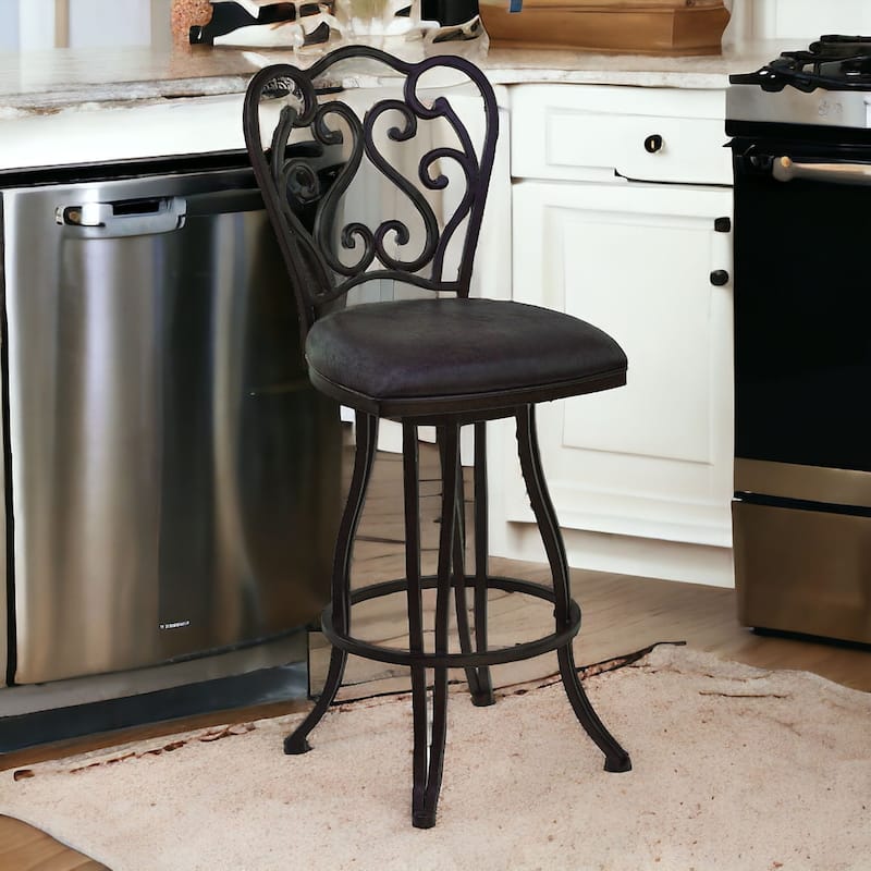 Espresso Fabric Swivel Bar Chair with Scroll Back Design, Iron Frame and Footrest - 19” x 22” x 48” (D x W x H)