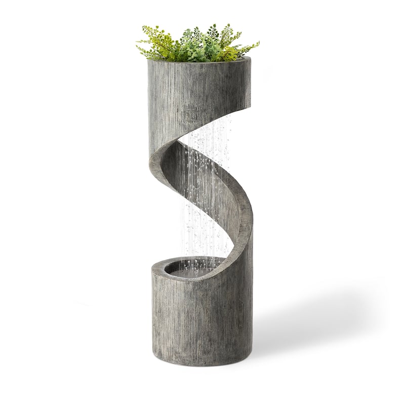 Glitzhome Modern Minimalist Spiral LED Polyresin Outdoor Fountain with Small Planter