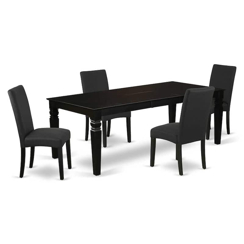 Rectangular Dining Set - 66/84" Table w/ Leaf & 4 Parsons Chairs - Black Finish & Linen Fabric