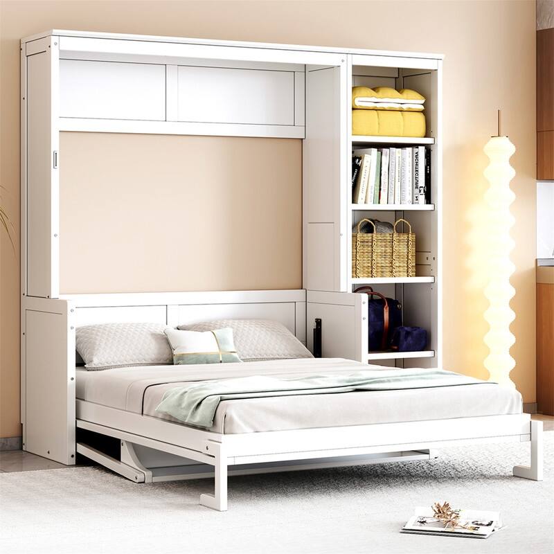 Full/Queen Size Murphy Bed with Bulit-in Desk and Bookshelf, Foldable Murphy Cabinet Bed with Open Storage Shelves - White - Full