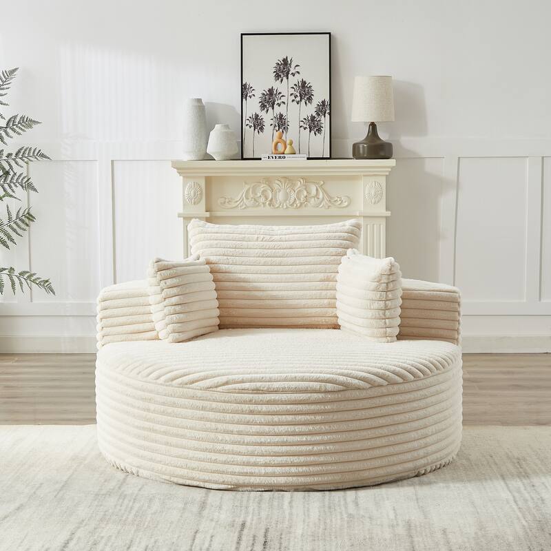 Oversized Round Chaise Lounge Corduroy Upholstered Single Sofa Chair with Cylindrical Neck Pillow and Integrated Backrest