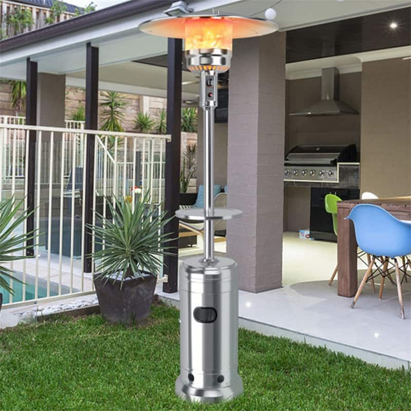 Outdoor Standing Heater with Table and Wheels - Silver