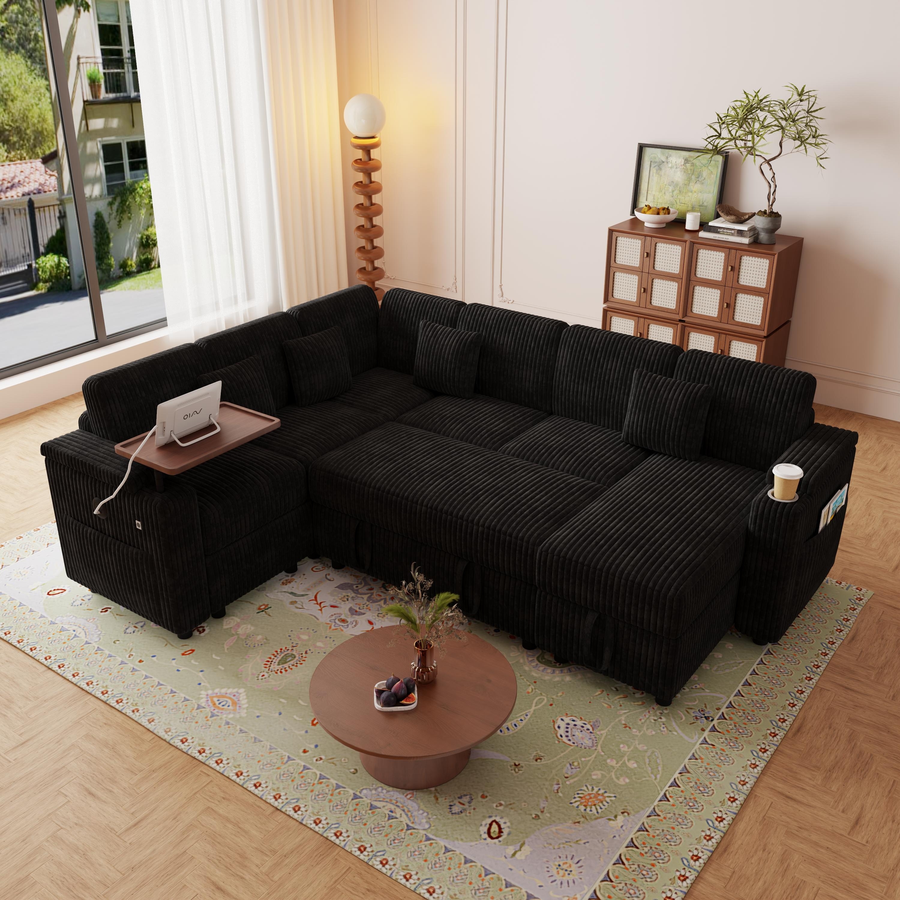 100" U-Shaped Corduroy Sofa Bed, Pull-Out Sleeper Couch with Storage, USB Ports, Cup Holder & Table Board
