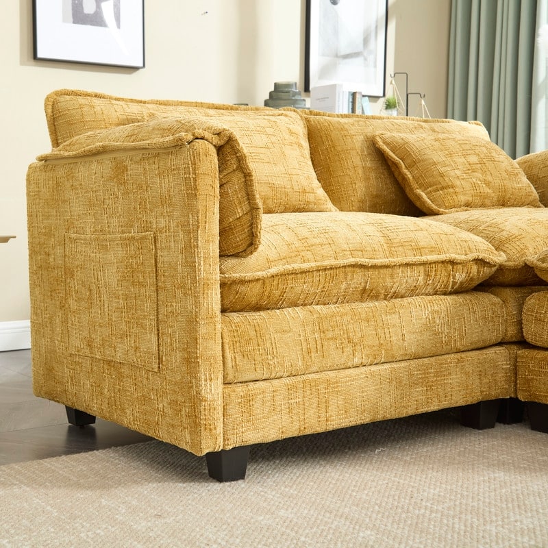 76.77" Chenille Upholstered Sofa with 2 Ottomans