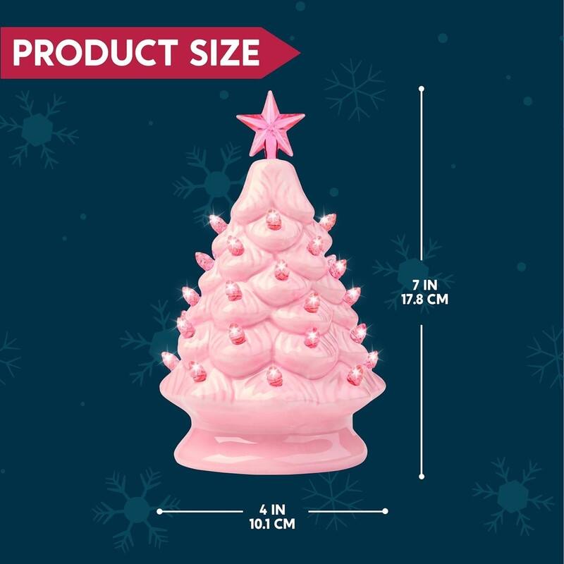 7" Pink Ceramic Christmas Tree, Prelit Tabletop Christmas Tree with Extra Clear Top Star & Bulbs