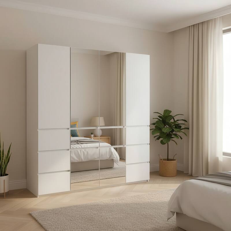 Elise Modular Wood Closet System with Mirror in White - 62.8"D x 17.72"W x 70.9"H