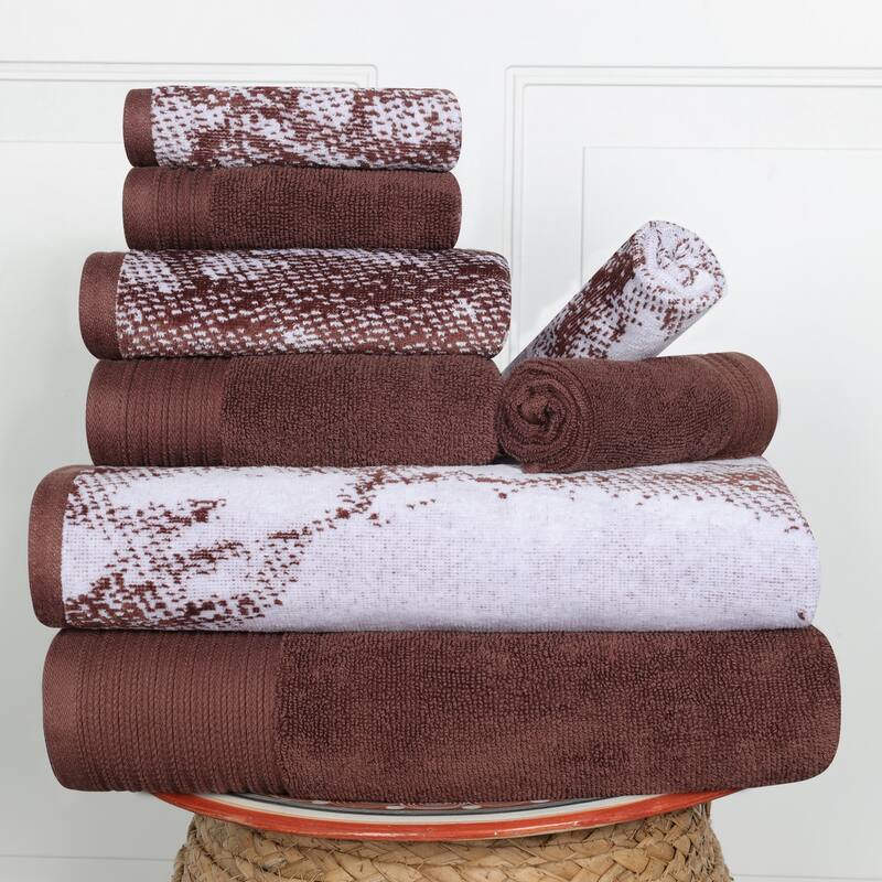 Superior Cotton Quick-Drying Solid and Marble 8 Piece Towel Set - Brown