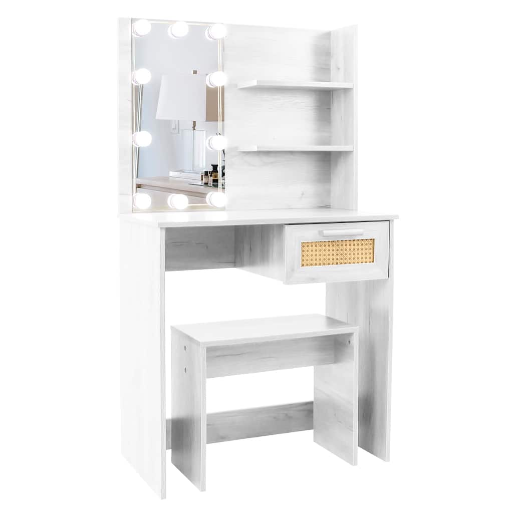 Vanity Desk Set Stool & Dressing Table with LED Lighting Mirror Drawer and Compartments Wood Cosmetic Table Chest of Drawers