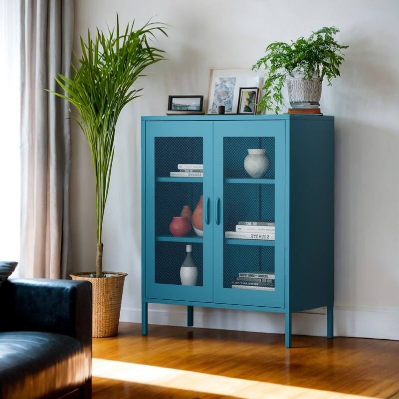 Free Standing Adjustable Shelves Mesh Doors Sideboard Metal Steel Storage Locker Cabinet, Blue
