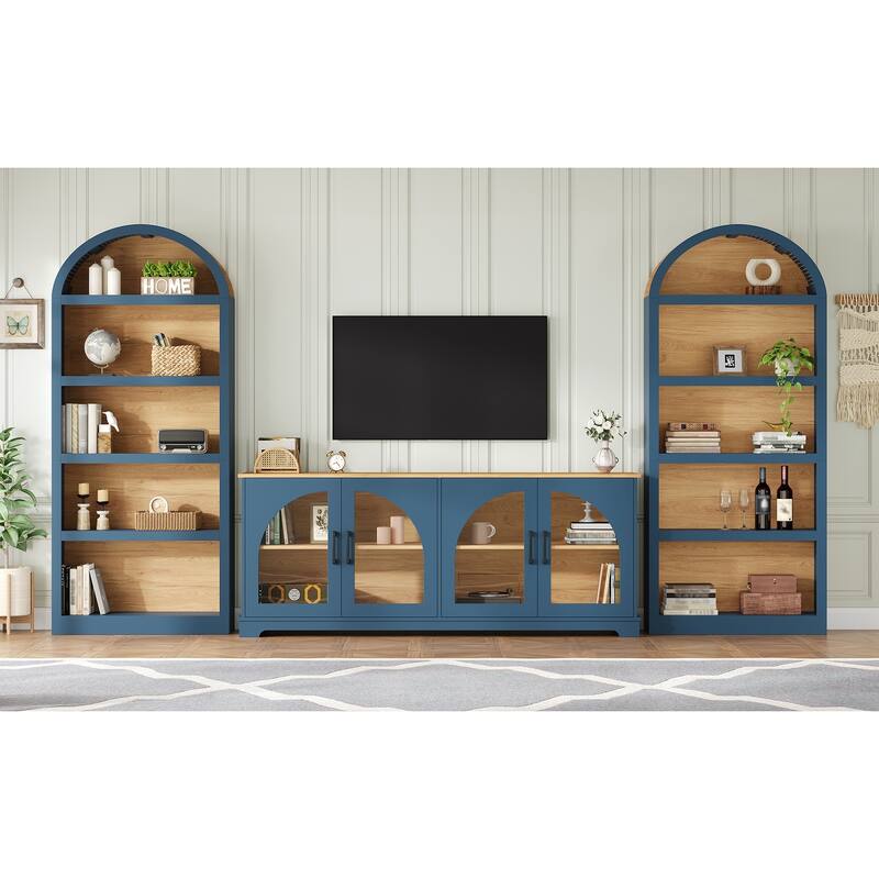 3-Piece Entertainment Center with Bookshelves for TVs up to 70", Retro Wall Unit TV Stand with Glass Doors, Media Console Table