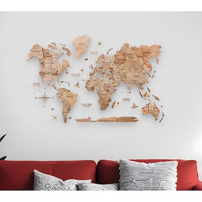 HomeRoots 35" X 59" Wood Brown Wood World Map Hanging Dimensional Sculpture