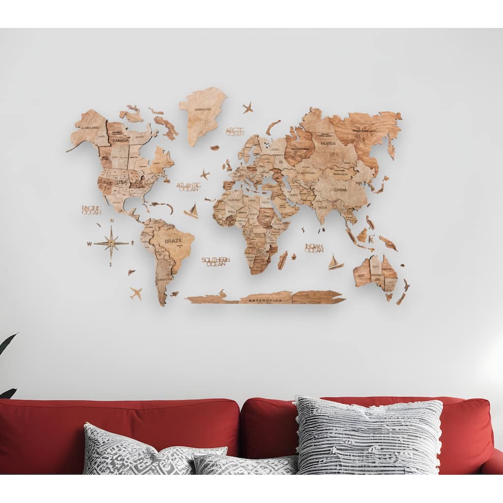 HomeRoots 35" X 59" Wood Brown Wood World Map Hanging Dimensional Sculpture