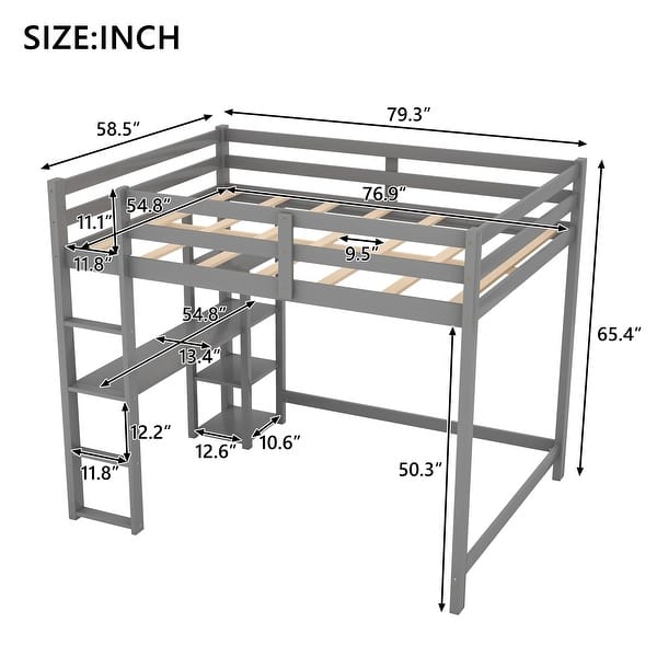 dimension image slide 1 of 2, Full Size Loft Bed Wood Bed Frame with Built-in Desk and Shelves, Full Length Safety Guardrail for Kids Teens Bedroom/Dorm