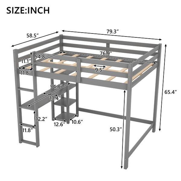 Gray Full Size Pine Wood Loft Bed with Built-in Desk and Shelves