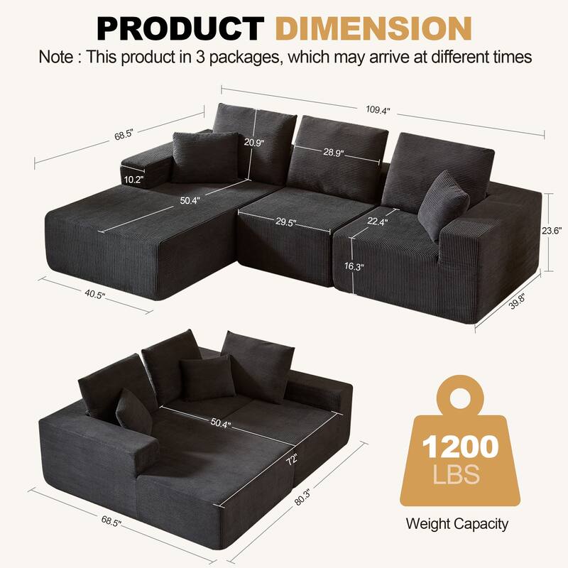 Modular L-Shaped Sectional Sofa with Chaise, Modern Cloud Couch with Deep Seats, Corduroy Couch for Living Room, Bedroom, Office