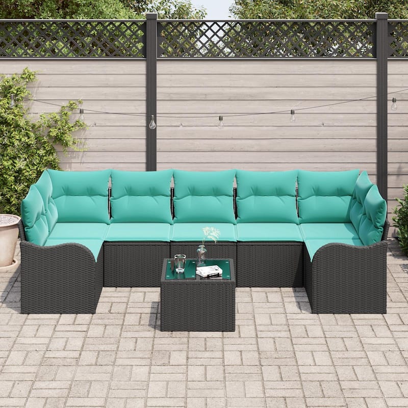 vidaXL 8 Garden Sofa Set with Cushions Black Poly Rattan - 113.8 x 48.2 x 27.2