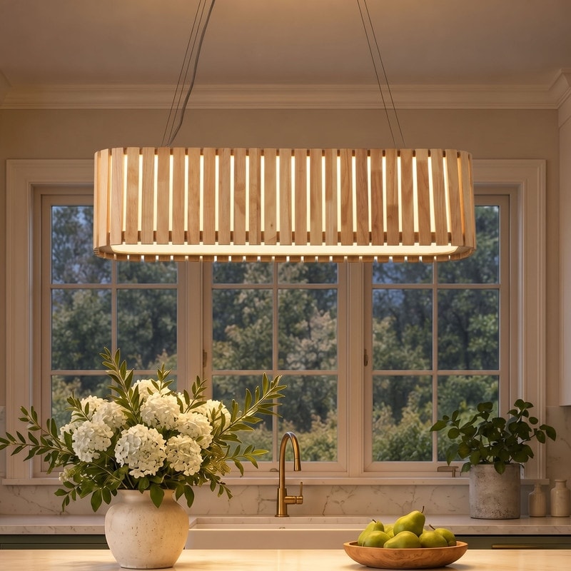 AIWEN Wood‑Iron Rectangular LED Pendant Light, 5CCT Selectable Dimmable Hanging Light for Kitchen Island Dining Room - N/A