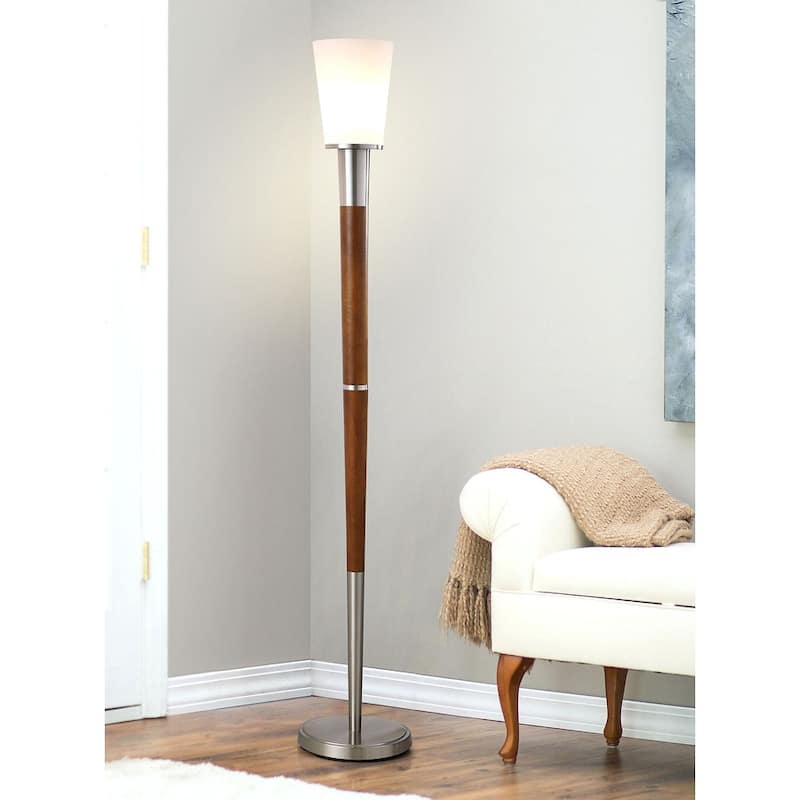 Manhattan Walnut Finish Wood/Glass Shade 72.5-inch H Torchier Floor Lamp - Brushed Nickel