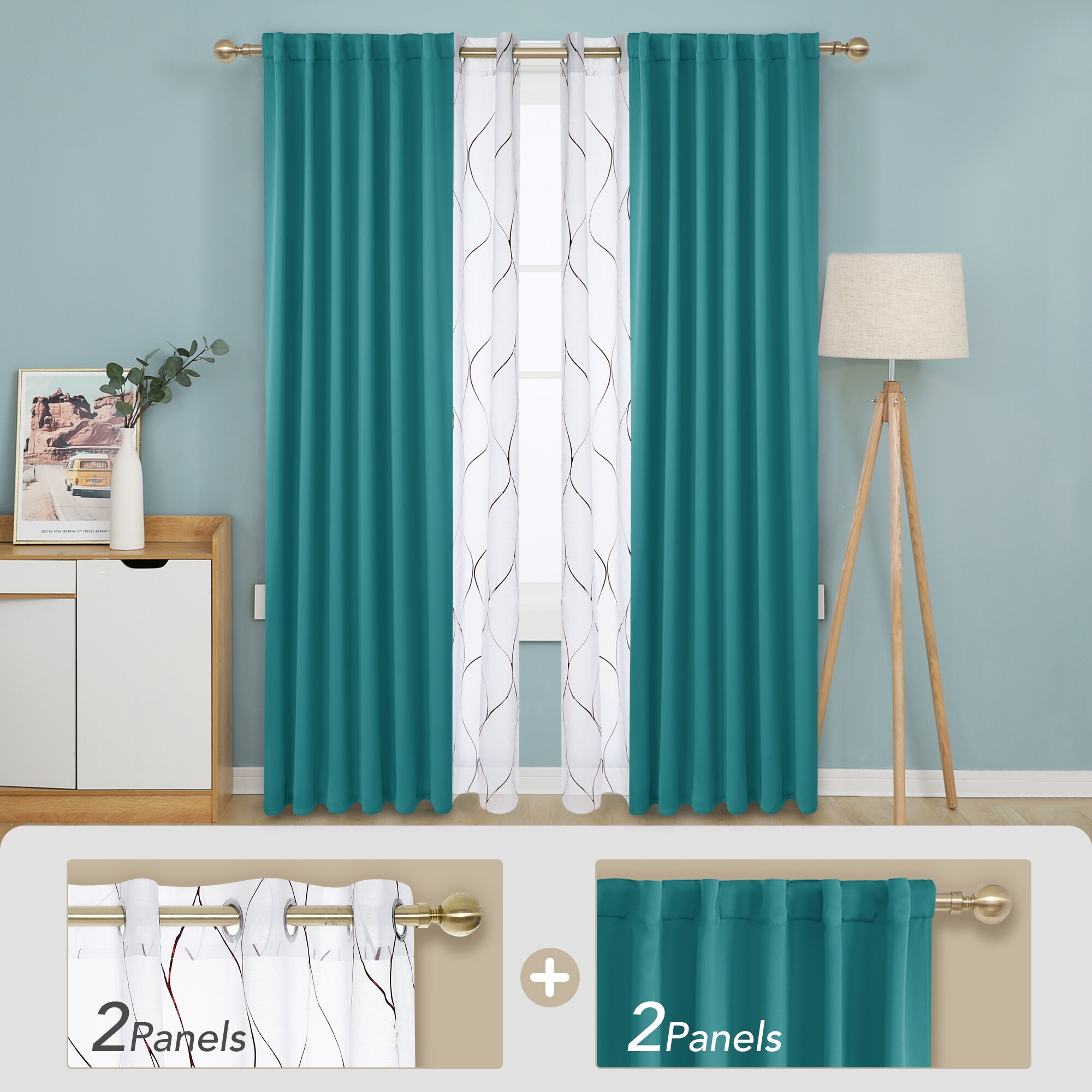 Deconovo Mix & Match Blackout and Bronze Print White Sheer 4 Piece Curtain Panel Set