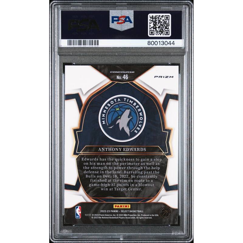 Anthony Edwards 2022 Panini Select Blue Cracked Ice Basketball Card #46 Graded PSA 10 Cert # 80013044 - 8' x 11'