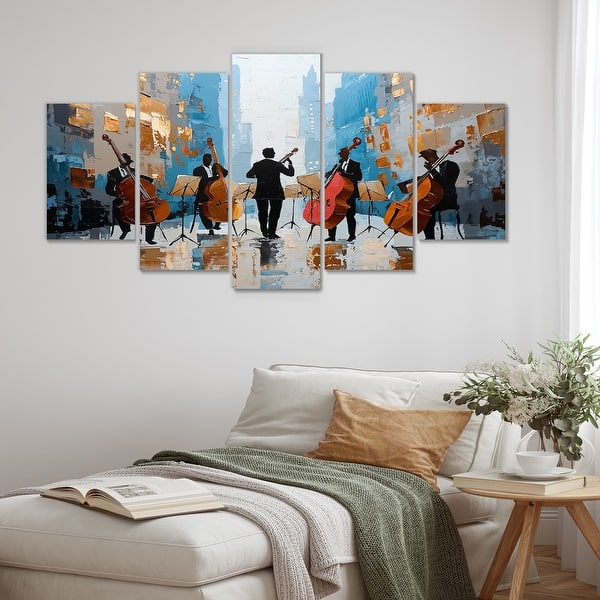 slide 2 of 14, Orange African American Harlem City Muscians I - Music Jazz Canvas Wall Art Set - Oversized Traditional Wall Art Decor 60 in. W x 32 in. H - 5 Panels Diamond Shape