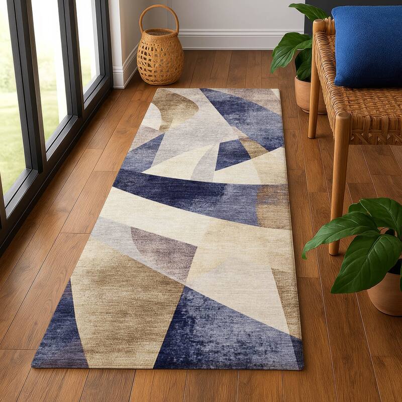 Premium Washable Super Soft Abstract Contemporary Mayfield Rug - 2'3" x 7'6" - Navy