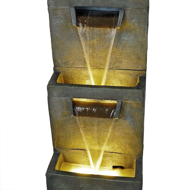2-Tier Polyresin Modern Stone Wall Fountain w/ Warm White LED
