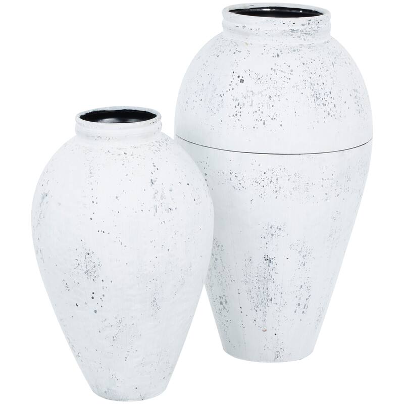 White Metal Tall Distressed Pot Floor Decorative Vase (Set of 2)