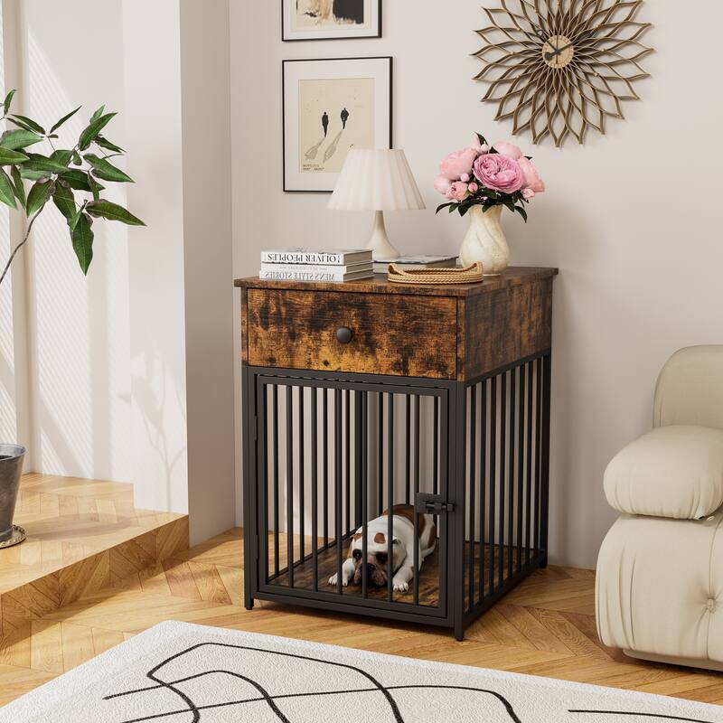 Dog Crate Furniture, Dog House, Decorative Dog Kennel with Drawer, Indoor Pet Crate End Table for Small Dog, Iron-Tube Dog Cage