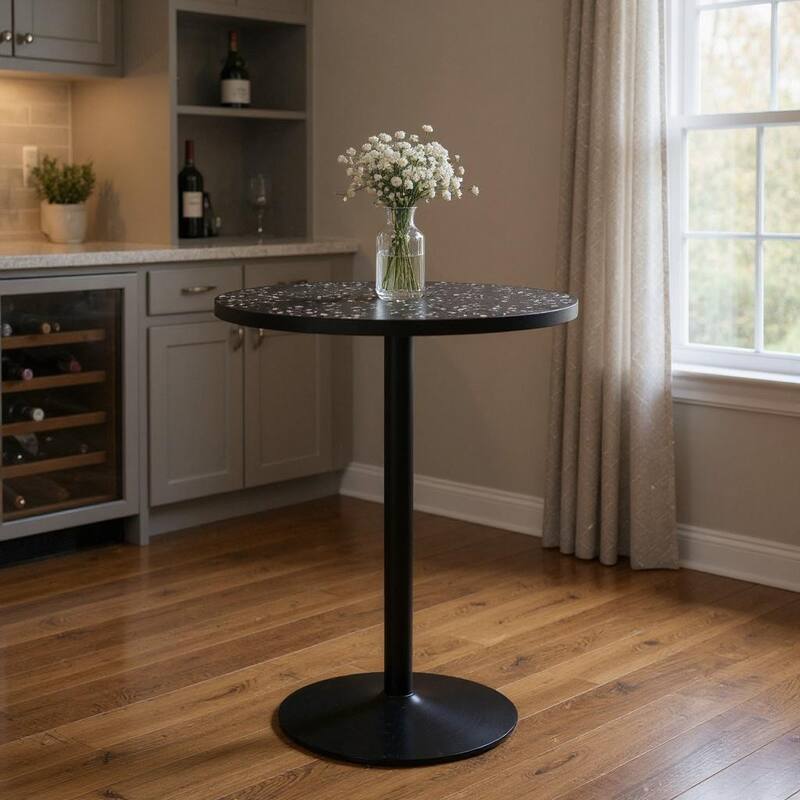HomeRoots 24" Black Faux Terrazzo and Steel Rounded Bar Table - 24.00 in. x 41.70 in. x 24.00 in. - Black