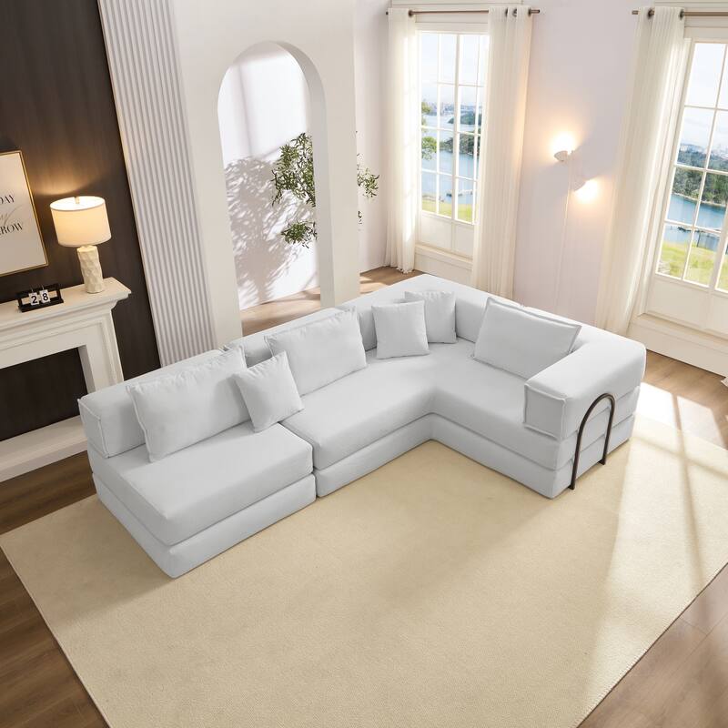118.2" Oversized Modular Foldable Floor Sofa Couch, Corduroy Upholstered Convertible Sectional Sofa Bed w/ Pillows for Apartment - White