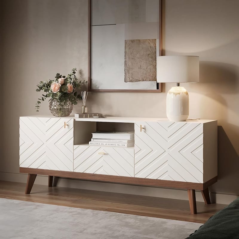 Living Skog Alba Beige TV Stand Console with Drawer Fits TV's up to 65 in. with Wood Legs Mid Century Modern Design - Beige