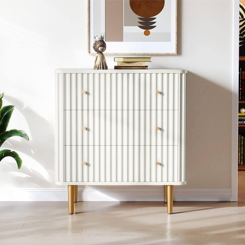 Modern White Dresser,3 Drawer Fluted Wood Storage for Bedroom