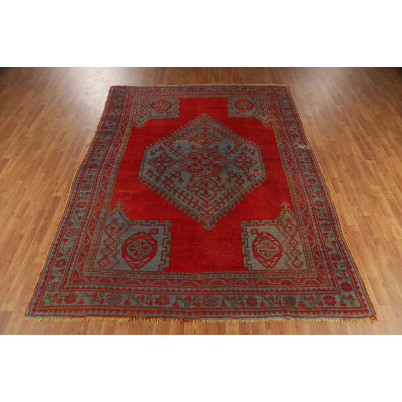 Vegetable Dye Oushak Turkish Antique Area Rug Handmade Wool Carpet - 7'3" x 9'9"