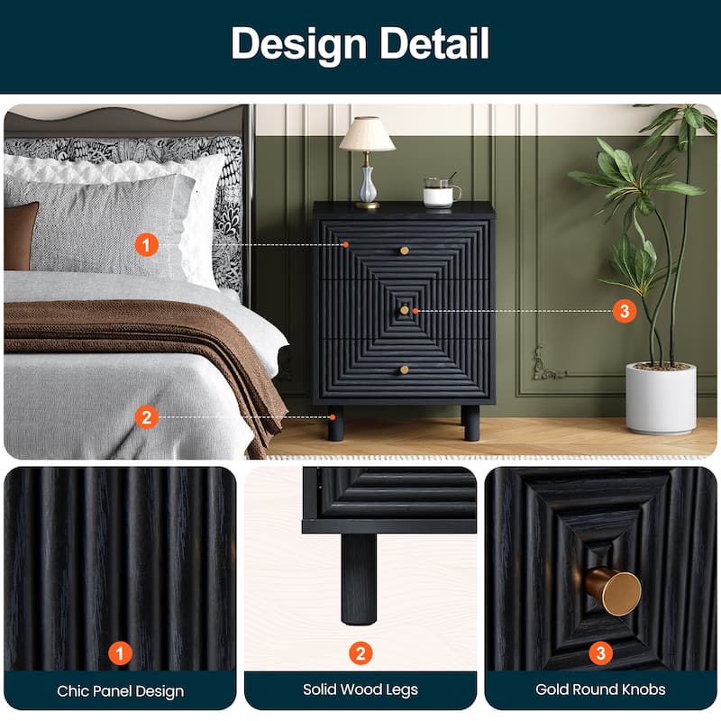 Black 3-Drawer Nightstand with Solid Wood Legs