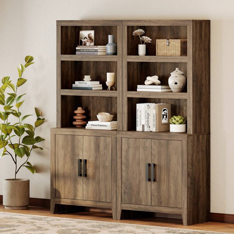 74" Tall Bookshelf with Door, Farmhouse Bookcase with Adjustable Shelf and Storage Cabinet for Living Room, Office - 62" Wide - Brown